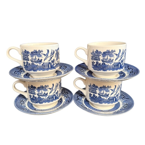Churchill Other - Vintage Churchill Blue Willow Tea Cup and Saucer Set of 4 Staffordshire England